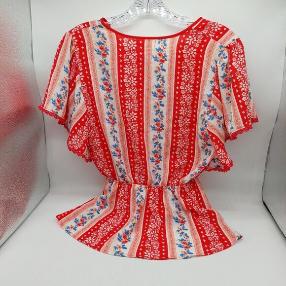 Monteau Blouse Red White Blue Flutter Dolman Sleeve Surplice Peplum Size Medium - Picture 2 of 7